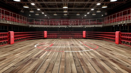 Deserted professional boxing ring in an arena with empty spectator seats and bright overhead lights