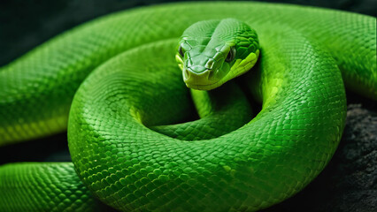 Fototapeta premium a green snake is curled up on a rock and looking at the camera with a black background