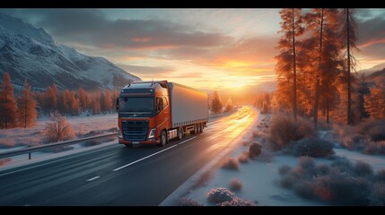 a truck drives down the road at sunset. Generative AI - obrazy, fototapety, plakaty