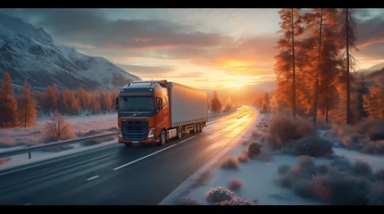 Foto op Canvas a truck drives down the road at sunset. Generative AI © Dzmitry