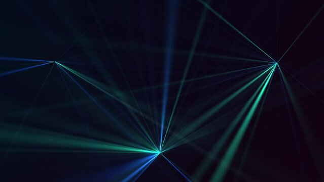High speed laser light show on black background with flashing blue and green laser beams. This music performance stage background animation is full HD and a seamless loop.