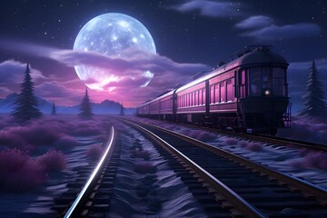 Train on the railway against the background of a full moon. 3d illustration