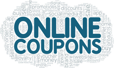Online Coupons word cloud conceptual design isolated on white background.