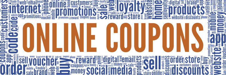 Online Coupons word cloud conceptual design isolated on white background.