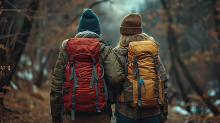 Hiking Duo on a Forest Adventure, Two hikers with backpacks walk side by side, exploring a misty forest trail, embodying companionship and the spirit of adventure - obrazy, fototapety, plakaty