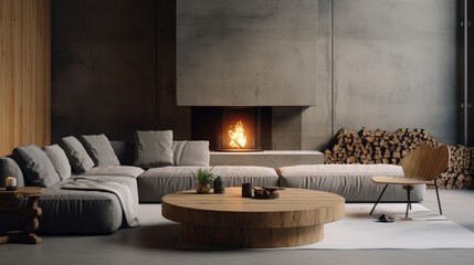 Round wood coffee table between corner sofa and white chair. Loft home interior design of modern living room with concrete wall and fireplace