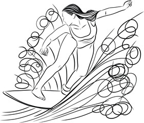 surfer with surfboard on beach sketch illustration