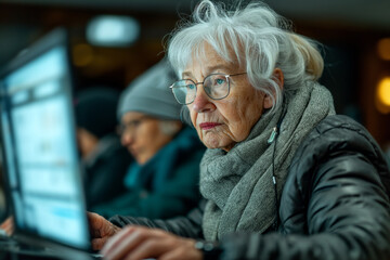 An active elderly woman attends computer courses and works