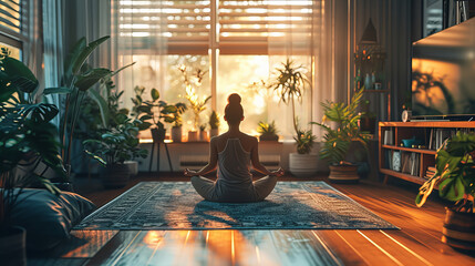 Serene Yoga Session at Sunset, person engaging in a tranquil yoga practice in a warm, plant-filled room as daylight fades - obrazy, fototapety, plakaty