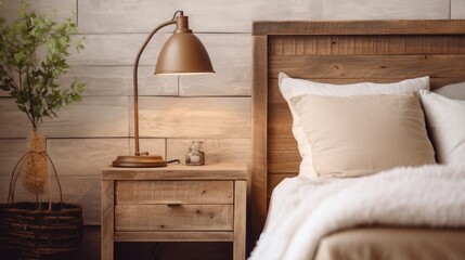 Rustic bedside cabinet near bed with beige pillows. Farmhouse interior design of modern bedroom