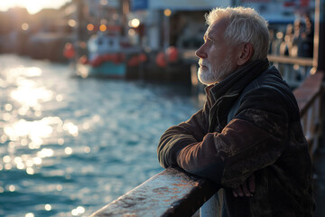 Contemplative senior man leaning on railing at harbor