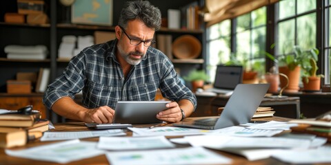 Fototapeta premium Man Working at Table With Tablet