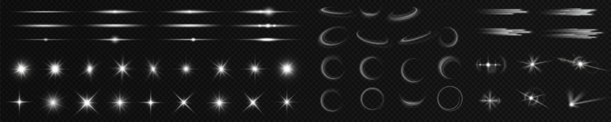 Light effect flare white shine sparkl, vector len glow line sparkle shine. White, lens, star, glow, spark, effect, light, line, spotlight, flare, twirl, curve, vector, vortex. - obrazy, fototapety, plakaty