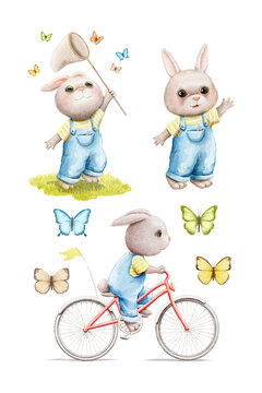 Set with various bright three animals bunny rabbits in clothes isolated on white background. Watercolor hand drawn illustration sketch