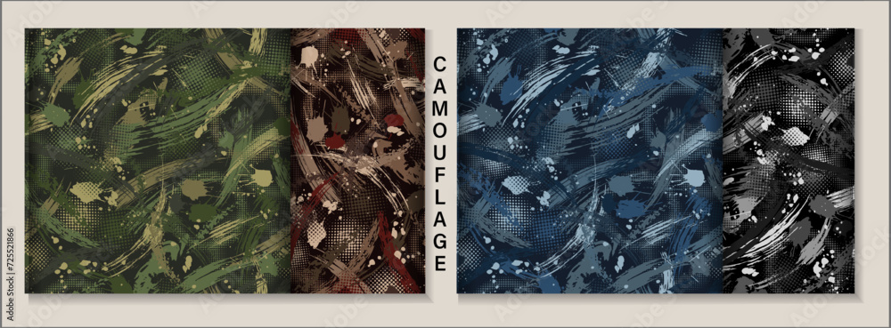Poster set of abstract camouflage patterns with splattered paint, paint brush strokes. dense chaotic compos