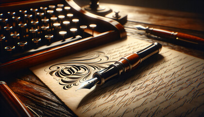 Hyper-realistic image of an elegant fountain pen on calligraphic script, on an antique desk, highlighting the art of writing. Mood: timeless elegance, old-world charm. Generative AI.