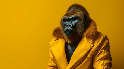 Gorilla wearing stylish furr jacket	