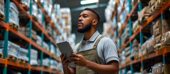 warehouse worker using a tablet computer while working in the stockroom.