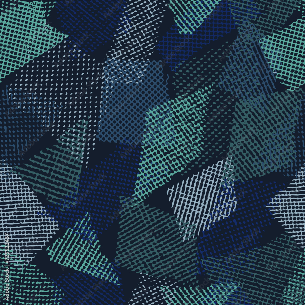 Aufkleber seamless blue camouflage pattern with random scattered overlapping tulle pieces, patches. mesh struc