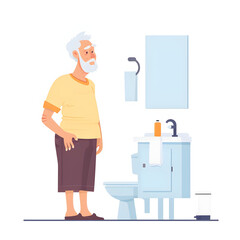 Elderly man waking up frequently to use the bathroom isolated on white background, flat design, png
