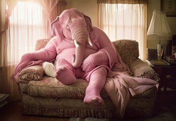 Pink elephant in apartment - alcoholic psychosis, delirium tremens concept - obrazy, fototapety, plakaty
