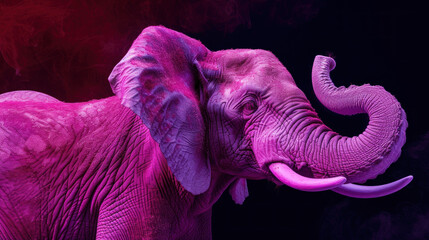 Violet elephant with raised trunk on dark background
