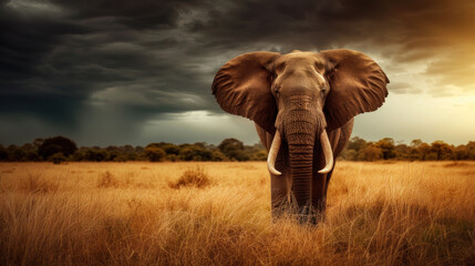 Big elephant in savannah, stormy dramatic sky, yellow sunset light - obrazy, fototapety, plakaty
