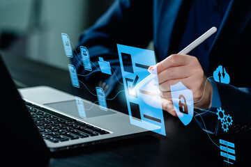 Businesswomen evaluate the performance of business via checklist systems online, manage files online on sever, take questionnaires and assessment electronic documents, fill out digital form checklists