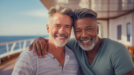 Obraz premium Interracial gay couple on cruise ship. Lifestyle and travel concept. generated with artificial intelligence.