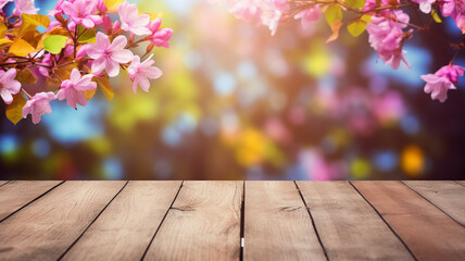 Naklejka na ściany i meble Tropical Flowers on empty table top Wooden Surface with Lush Garden Bokeh Background mockup for product placement beverage.