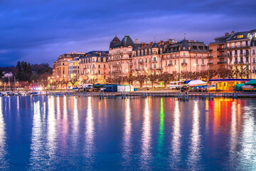 City of Geneva Lac Leman waterfront evening view