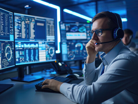 Professional IT Technical Support Specialist and Software Developer Working on Computer in Monitoring Control Room with Digital Screens, Employee Wears Headphones with Mic and Talking on a Call.