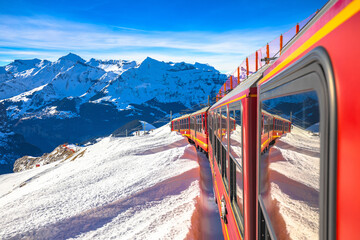 Eigergletscher alpine railway to Jungrafujoch peak view from train - obrazy, fototapety, plakaty