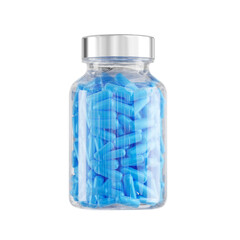 Pharmacy jar capsules isolated package, pack, plastic bottle, blue
