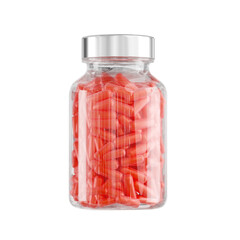 Pharmacy jar capsules isolated package, pack, plastic bottle, red