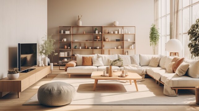 Scandinavian interior design of modern spacious living room