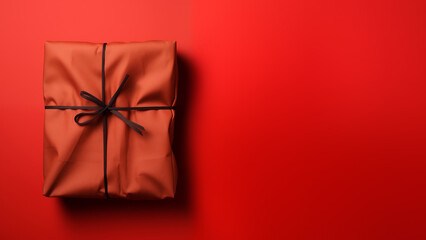 A gift on a red background. Copy space.