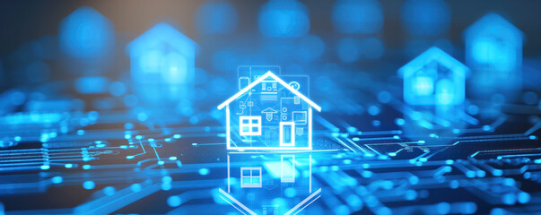 Miniature of a house on the blue abstract futuristic background. Intelligent, smart home concept.