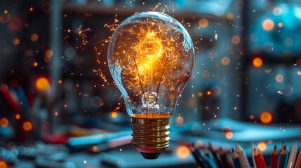 Illuminated Light Bulb Amidst Sparks - Creativity, Innovation, Ideas - obrazy, fototapety, plakaty