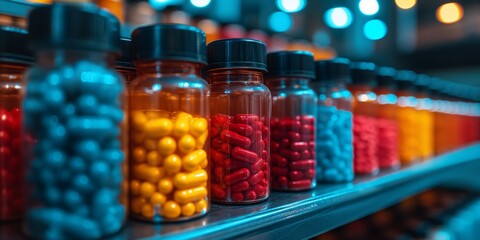 Fototapeta na wymiar Assorted Bottles Containing Colorful Pills