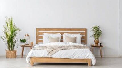 Fototapeta na wymiar Scandinavian style interior design of modern bedroom. Wood bed with white bedding and bedside cabinets