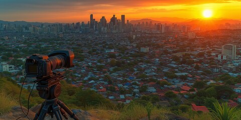 Camera on Tripod Capturing Aerial View of Cityscape at Dusk