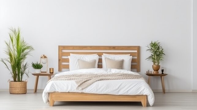 Scandinavian style interior design of modern bedroom. Wood bed with white bedding and bedside cabinets