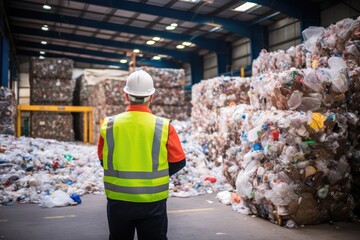 An engineer in safety clothes with vest and helmet observing blocks of plastic waste in a recycling facility - obrazy, fototapety, plakaty