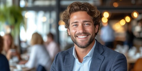 Smiling Man With Curly Hair - obrazy, fototapety, plakaty