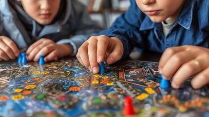 Close up of kids  hands playing a colorful and engaging board game with excitement and focus