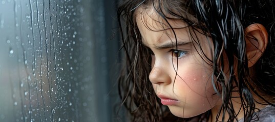 Distressed young toddler girl with tears streaming down her face in a close up portrait