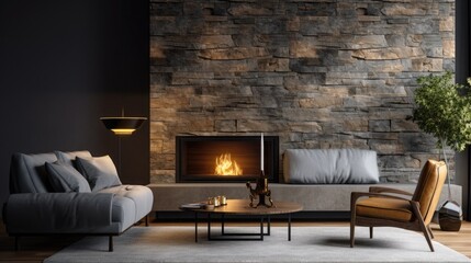 Sofa and chair by fireplace in wild stone cladding wall. Mid century home interior design of modern living room