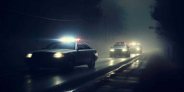 Police cars driving at night chasing a car in fog, Police cars drive through the fog