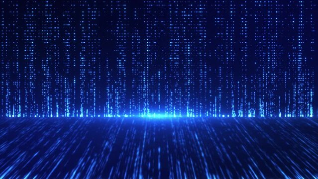 Light and data points flow, neon lines go up. big data visualization, futuristic or technological abstract background with moving dotted surface. Seamless loop animation..